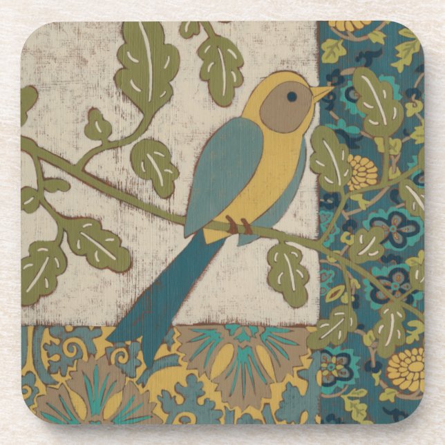 Yellow and Teal Blue Bird Perched on a  Branch Coaster (Front)