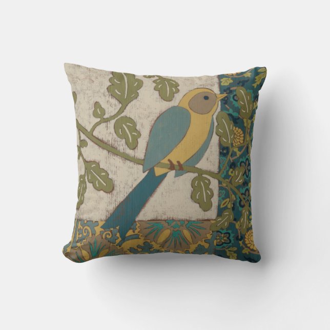 Yellow and Teal Blue Bird Perched on a  Branch Cushion (Front)