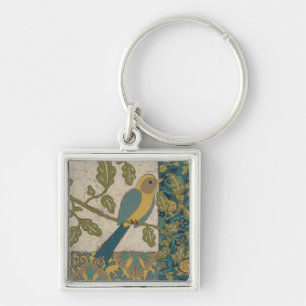 Yellow and Teal Blue Bird Perched on a  Branch Key Ring