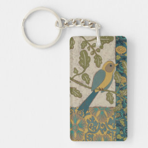 Yellow and Teal Blue Bird Perched on a  Branch Key Ring