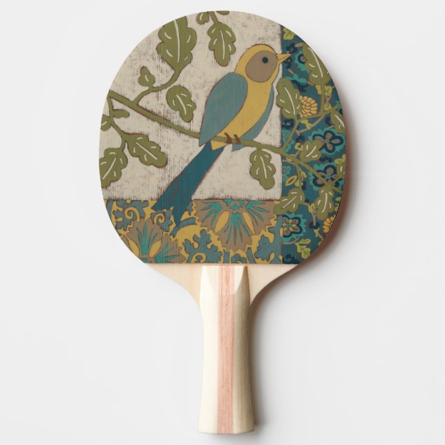 Yellow and Teal Blue Bird Perched on a  Branch Ping Pong Paddle (Front)