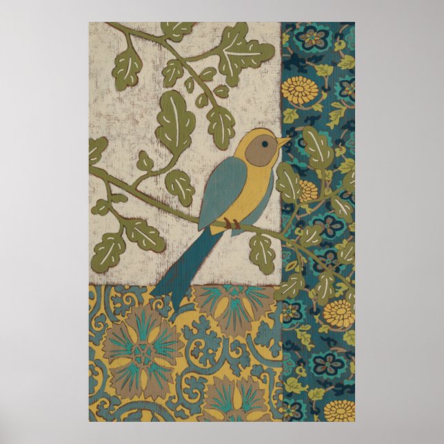 Yellow and Teal Blue Bird Perched on a  Branch Poster (Front)