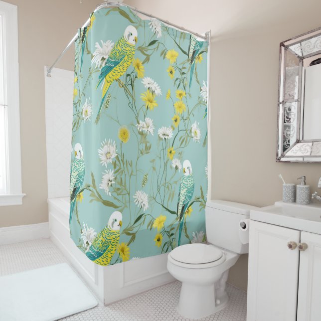 Yellow and Teal Budgerigars Shower Curtain (In Situ)