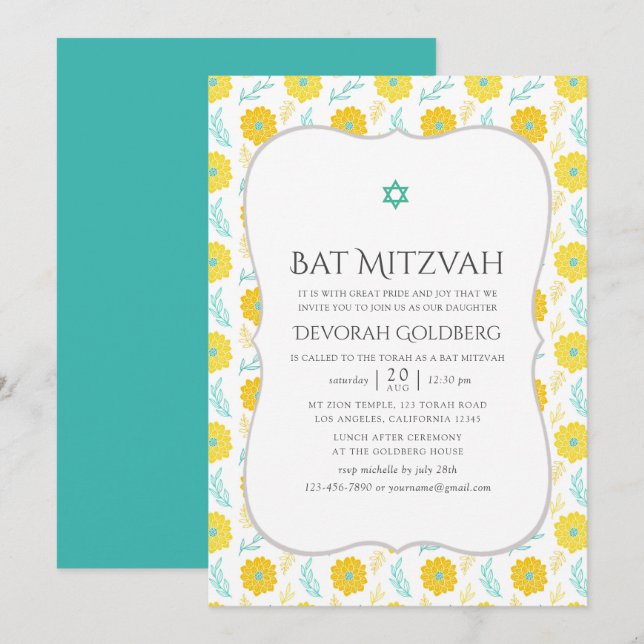 Yellow and Teal Floral Bat Mitzvah Invitation (Front/Back)
