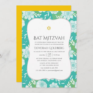Yellow and Teal Floral Bat Mitzvah Invitation