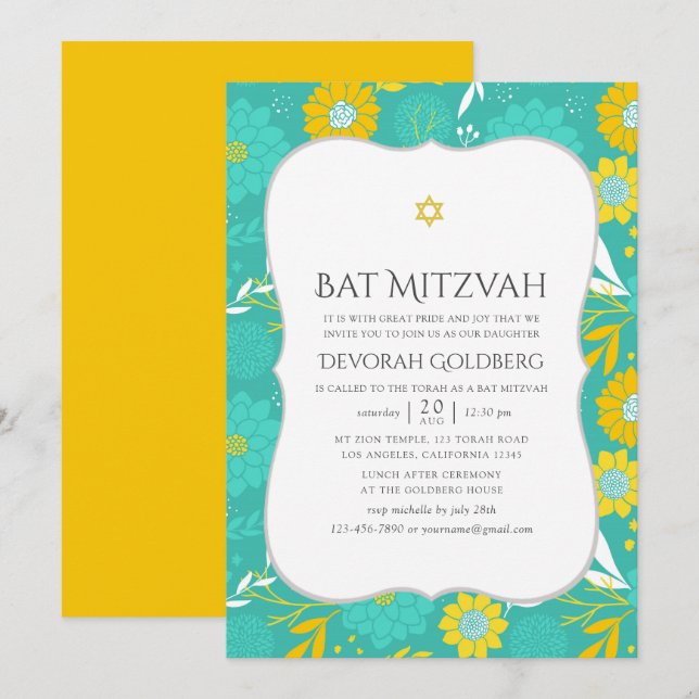 Yellow and Teal Floral Bat Mitzvah Invitation (Front/Back)