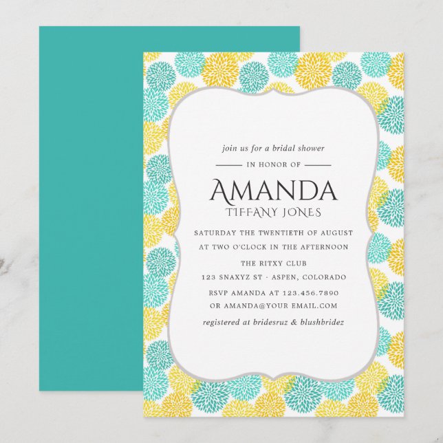 Yellow and Teal Floral Bridal Shower Invitation (Front/Back)