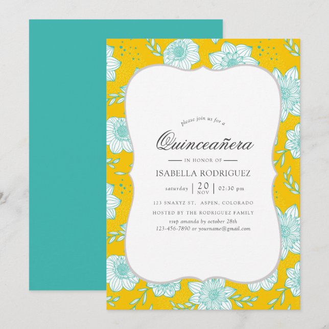 Yellow and Teal Floral Quinceañera Invitation (Front/Back)
