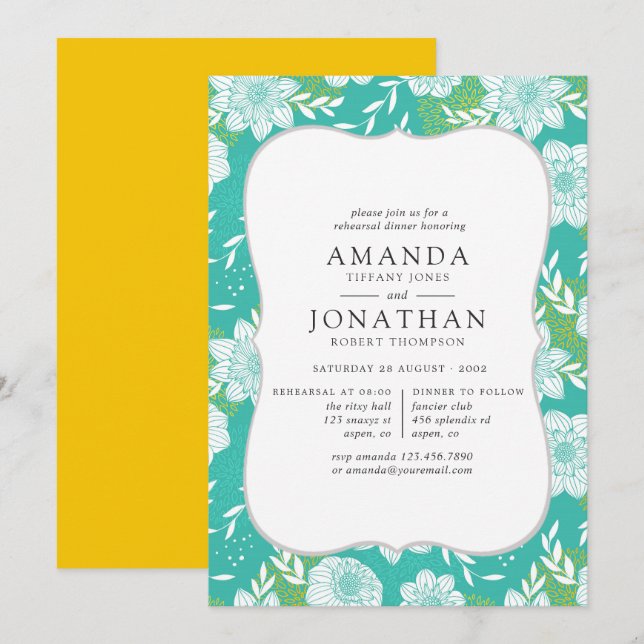 Yellow and Teal Floral Rehearsal Dinner Invitation (Front/Back)