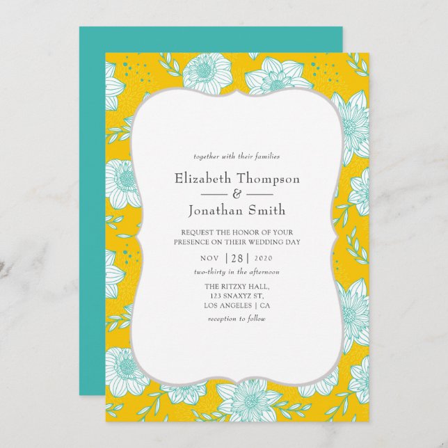Yellow and Teal Floral Wedding Invitation (Front/Back)