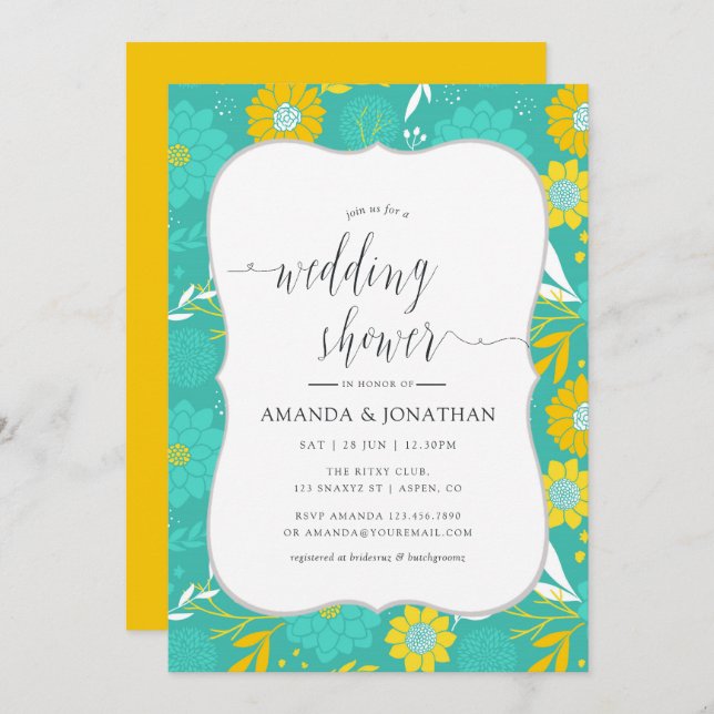 Yellow and Teal Floral Wedding Shower Invitation (Front/Back)