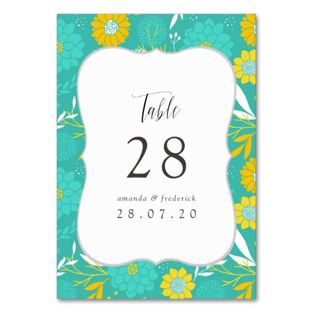 Yellow and Teal Floral Wedding Table Number (Front)