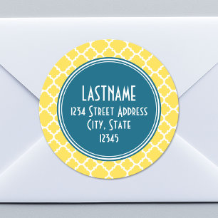Yellow and Teal Quatrefoil Pattern Custom monogram Classic Round Sticker
