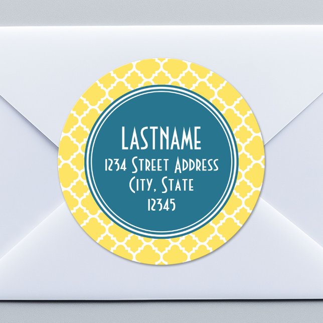 Yellow and Teal Quatrefoil Pattern Custom monogram Classic Round Sticker (Custom Return Address Sticker)