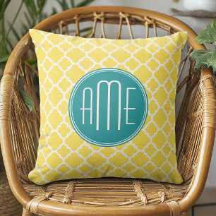 Yellow and Teal Quatrefoil Pattern Custom monogram Cushion