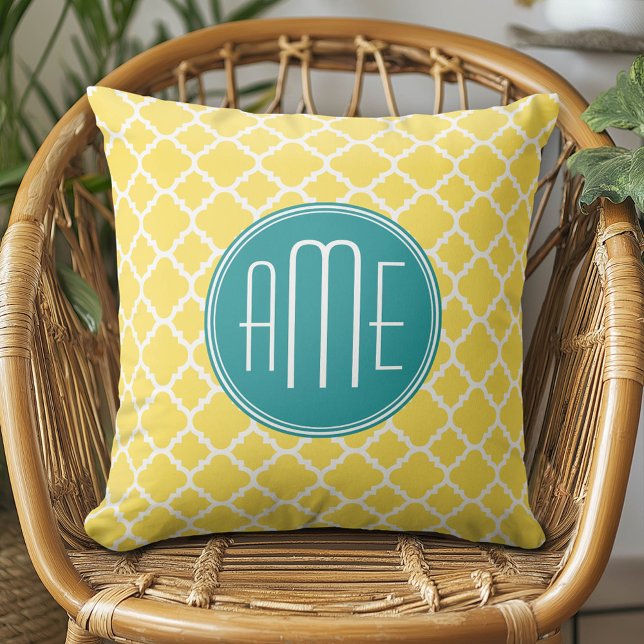 Yellow and Teal Quatrefoil Pattern Custom monogram Cushion (Custom Monogram Pillow)