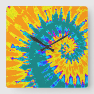 Yellow and Teal Spiral Tie Dye Clock