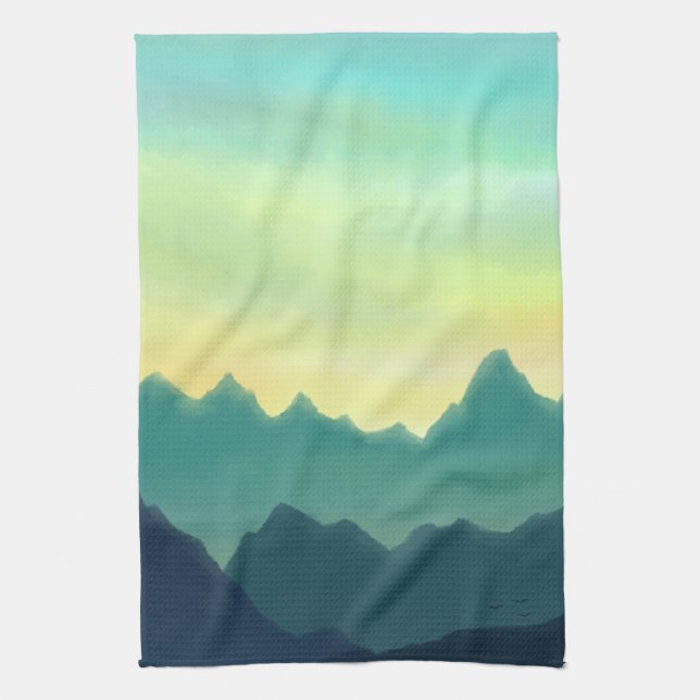 Yellow and Teal Watercolor Mountains Tea Towel (Vertical)