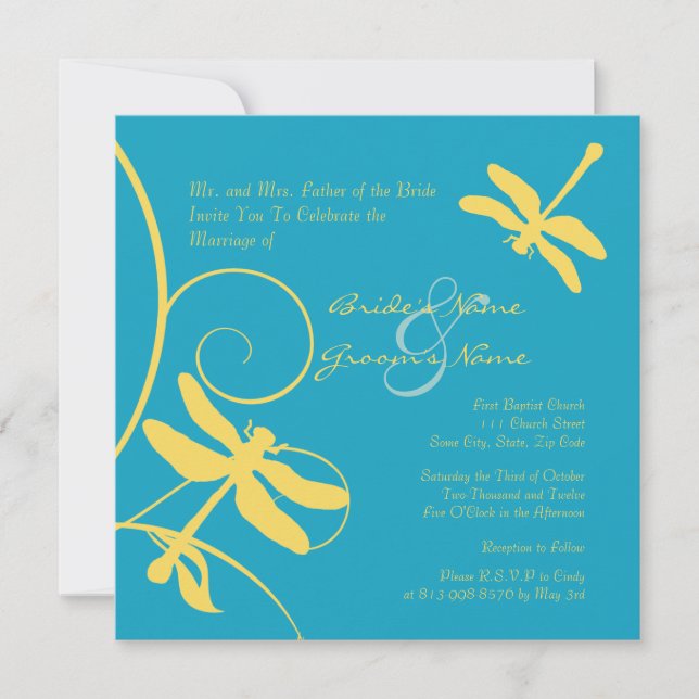 Yellow and Turquoise Dragonfly Wedding Invitation (Front)