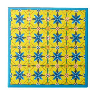 Yellow and Turquoise Floral  Design Ceramic  Tile
