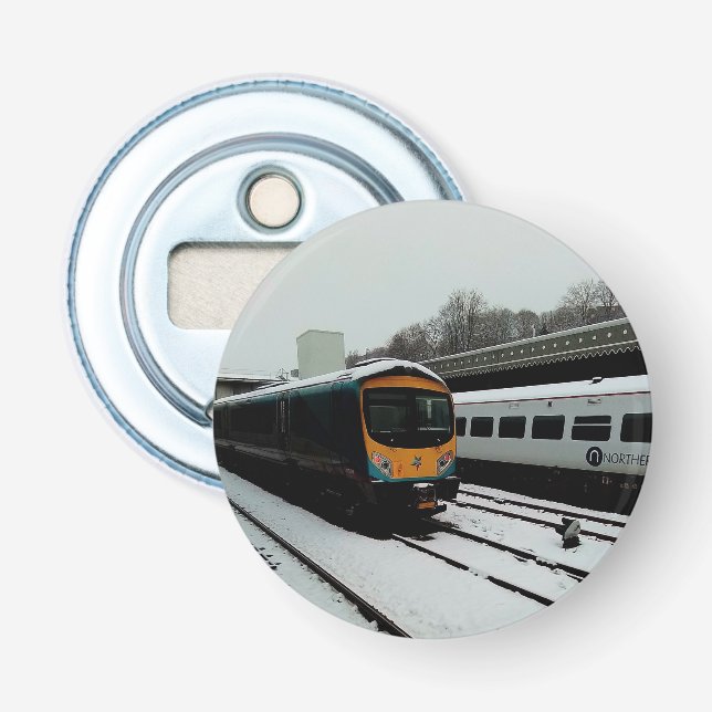 Yellow and turquoise train bottle opener (Front)