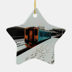 Yellow and turquoise train ceramic ornament