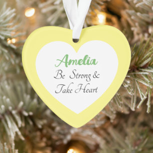 Yellow and White Be Strong Bible Verse Name Heart Ornament