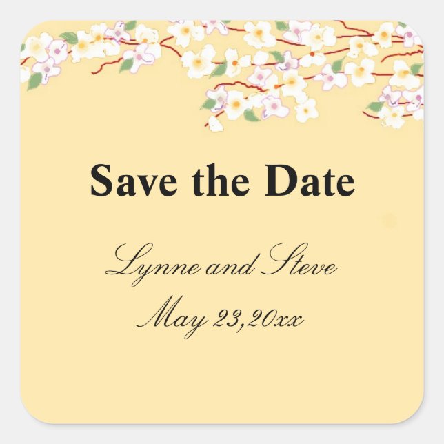 Yellow and White Blossom Save the Date Square Sticker (Front)