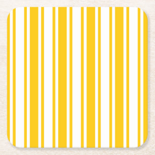 Yellow and white candy stripes square paper coaster