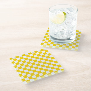 Yellow and White Chequered Chess Retro Glass Coaster