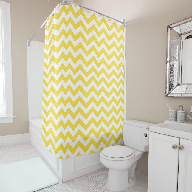 Yellow and white chevron pattern shower curtain (In Situ)