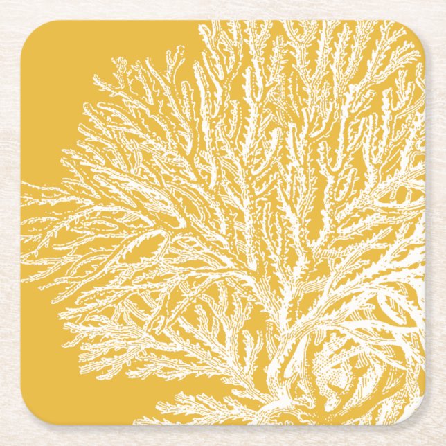 Yellow and White Coral Square Paper Coaster (Front)
