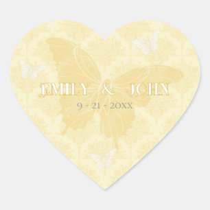 Yellow and White Country Butterflies Wedding Heart Sticker