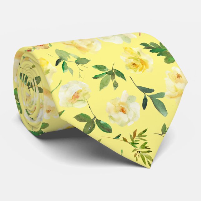 Yellow and White Cream Roses Neck Tie Necktie (Rolled)