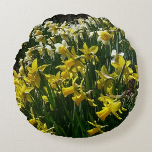 Yellow and White Daffodils Spring Flowers Round Cushion