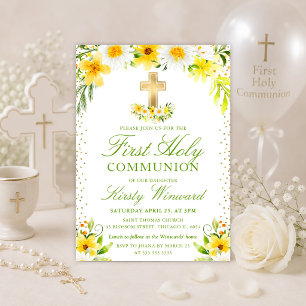 Yellow and White Daisies First Holy Communion Invitation