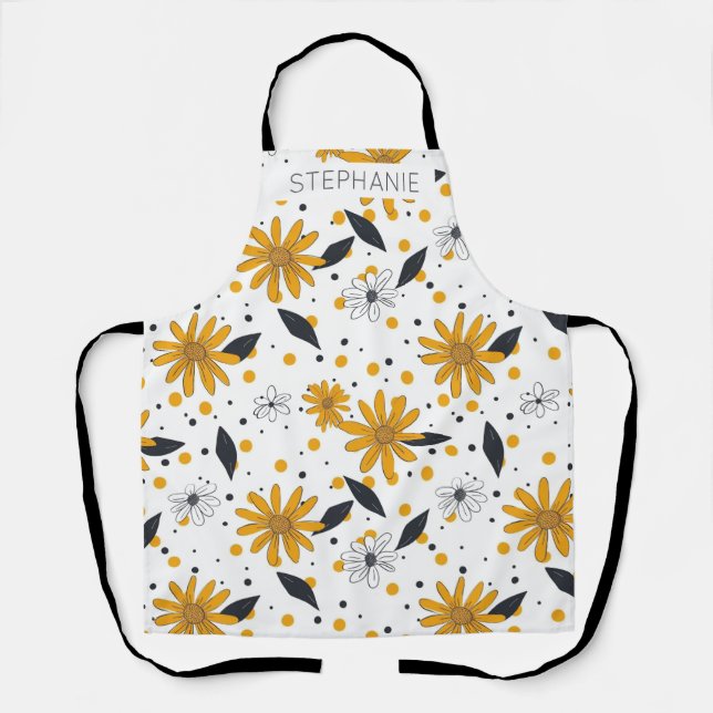 Yellow and White Daisy Pattern with Dark Leaves Apron (Front)