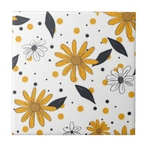 Yellow and White Daisy Pattern with Dark Leaves Ceramic Tile