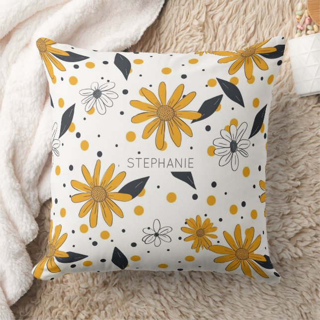 Yellow and White Daisy Pattern with Dark Leaves Cushion (Blanket)