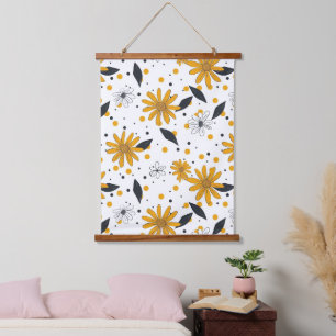 Yellow and White Daisy Pattern with Dark Leaves Hanging Tapestry