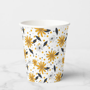 Yellow and White Daisy Pattern with Dark Leaves Paper Cups