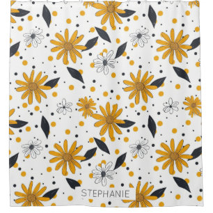 Yellow and White Daisy Pattern with Dark Leaves Shower Curtain