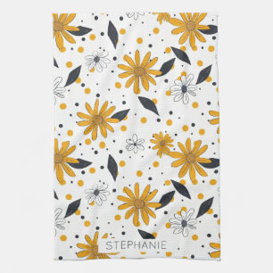 Yellow and White Daisy Pattern with Dark Leaves Tea Towel