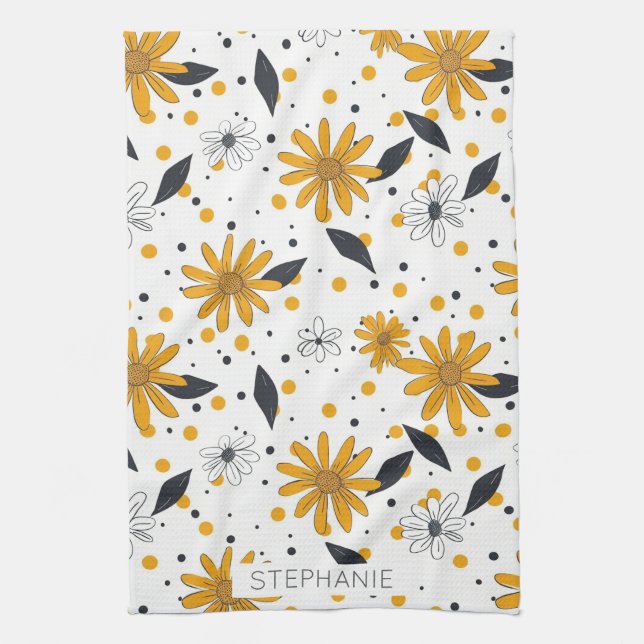 Yellow and White Daisy Pattern with Dark Leaves Tea Towel (Vertical)