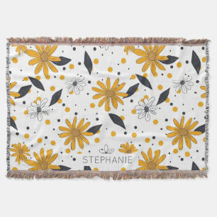 Yellow and White Daisy Pattern with Dark Leaves Throw Blanket