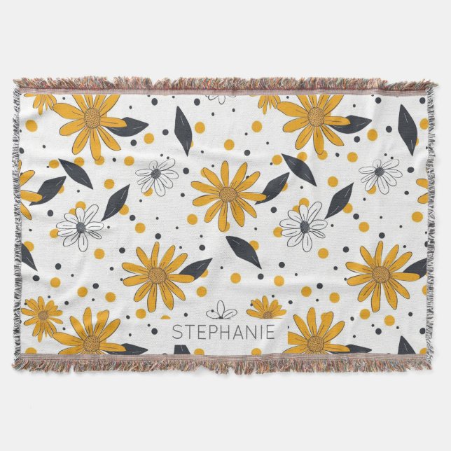 Yellow and White Daisy Pattern with Dark Leaves Throw Blanket (Front)