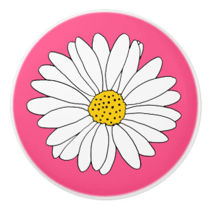 Yellow and White Daisy Pink Background Ceramic Knob