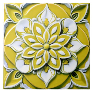 Yellow and White Faux Relief Floral Flower Ceramic Tile