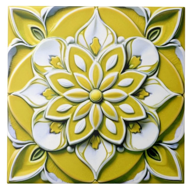 Yellow and White Faux Relief Floral Flower Ceramic Tile (Front)