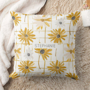 Yellow and White Flowers - Distressed Golden Plaid Cushion